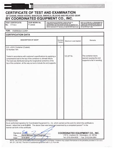 Certificate of Test and Examination